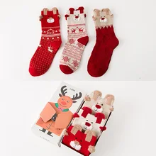 3 пары женских носков, зимние теплые рождественские подарки, стерео-носки, мягкие хлопковые милые носки с Санта Клаусом и оленем, милые рождественские носки
