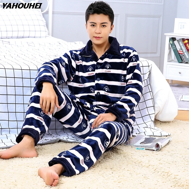 

2020 Winter Thick Warm Flannel Casual Plaid Pajama Sets For Men Long Sleeve Coral Velvet Cardigan Pyjama Male Sleepwear Homewear