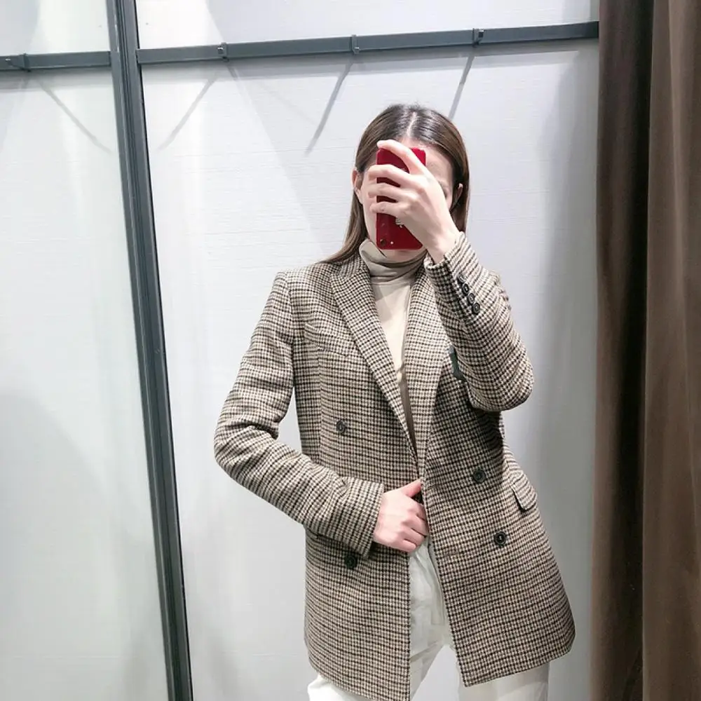 Women Fashion Vintage Casual Plaid Blazer Double Breasted Office Ladies Jacket Coat Notched Collar Long Sleeve Suits