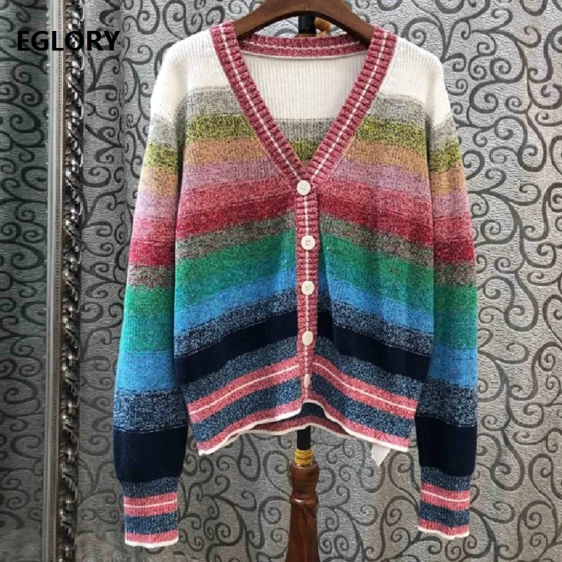 ^*Best Offers 2019 Autumn Fashion Cardigans High Quality Women V-Neck Cute Rainbow Color Knitting Long Sleeve Casual Sweater Cardigans Outwear