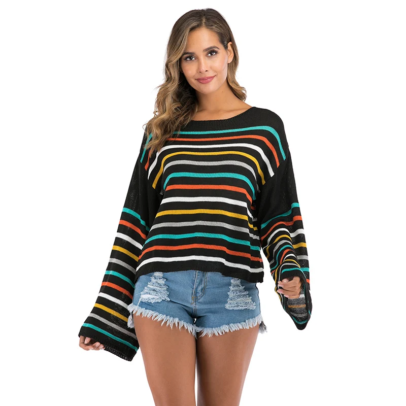 

Autumn Winter Striped Color Matching O Neck Sweaters Women 2019 Jumpers Knitted Clothes Casual Fashion Long Sleeve Pullover Tops