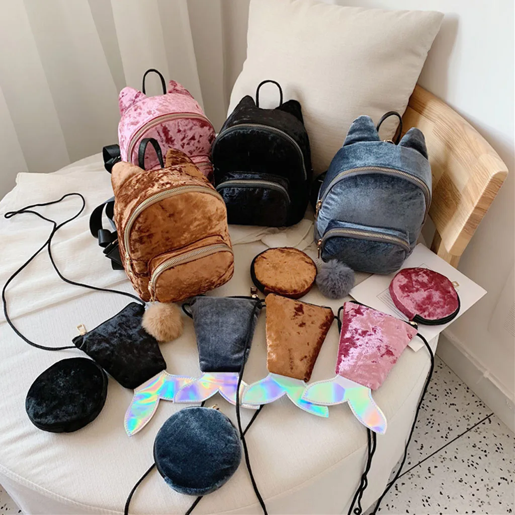 

3Pcs Women Mini Velvet Backpack Student school bags for teenage girls Children School Backpacks+Crossbody Bag+Pen Bag Clutch