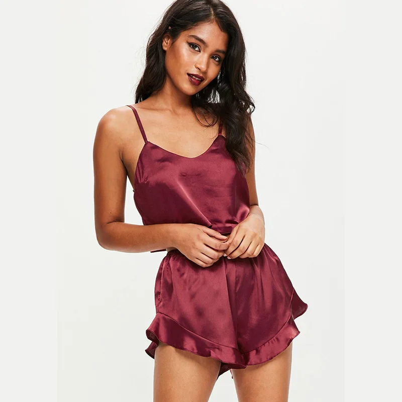 women pajamas set two pieces nightwear sexy silk short pyjamas women sleepwear v-neck sleeveless  top and pants  home clothes (8)