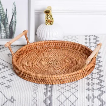

Rattan Bread Storage Tray With Handles Dinner Coffee Breakfast Serving Tray Round Hand-Woven Tea Tray Home Decoration Crafts