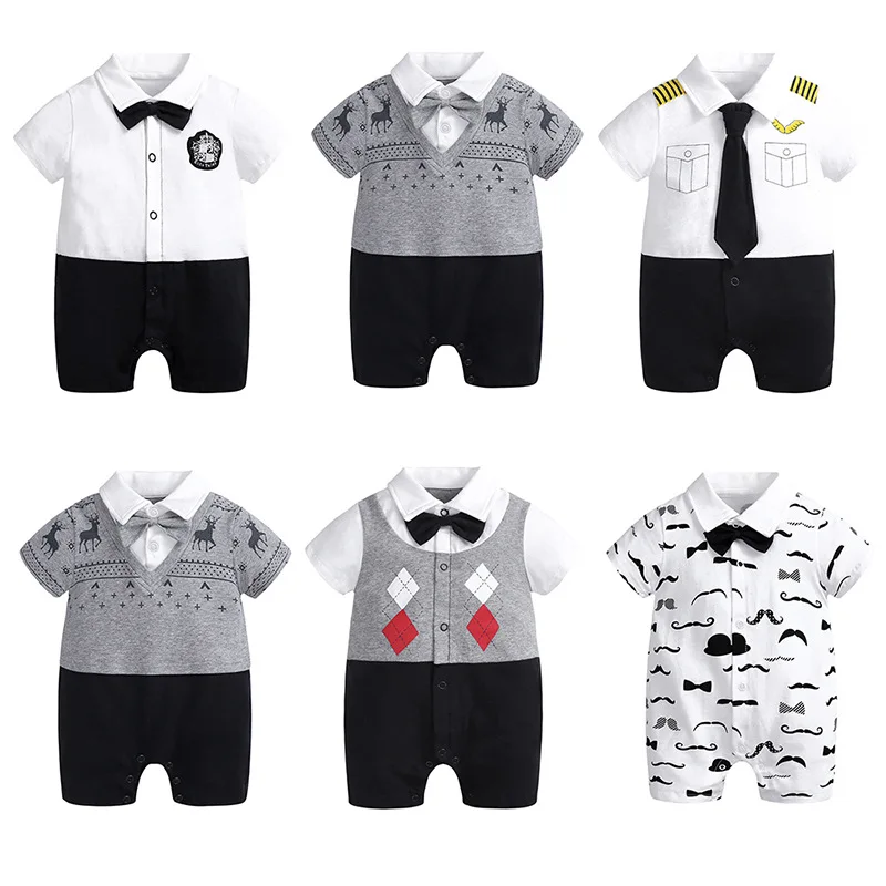 

2020 Summer Baby Infant Rompers Patchwork Baby Girl Clothes White Necktie Baby Short Sleeve Clothes Boys Rompers Kids Costume