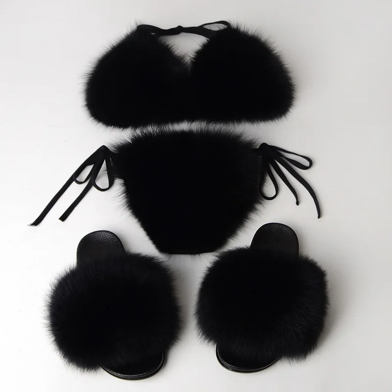 Black Set Пикантные женские меховые тапочки; комплект с бюстгальтером из меха; пушистые шлепанцы с натуральным лисьим мехом; женские повседневные домашние тапочки; Женская пушистая плюшевая обувь - Цвет: Black Set