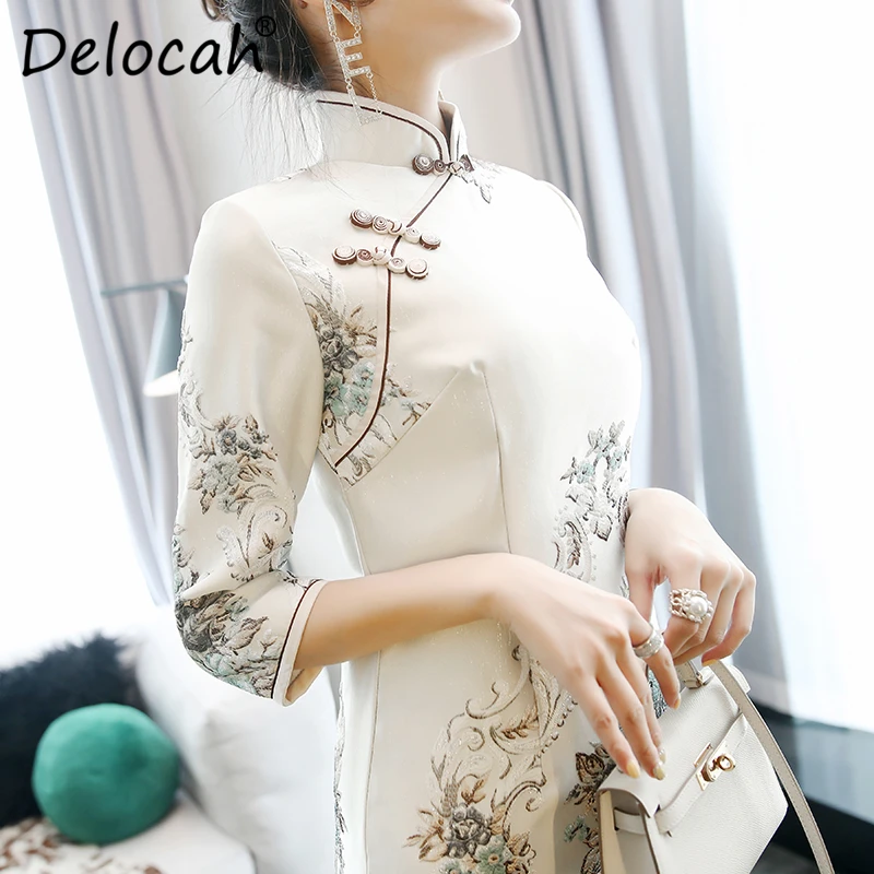 Delocah, осенне-зимнее женское платье, подиумное, модное, дизайнерское, рукав семь четверти, Великолепная вышивка, элегантное, тонкое, женское платье