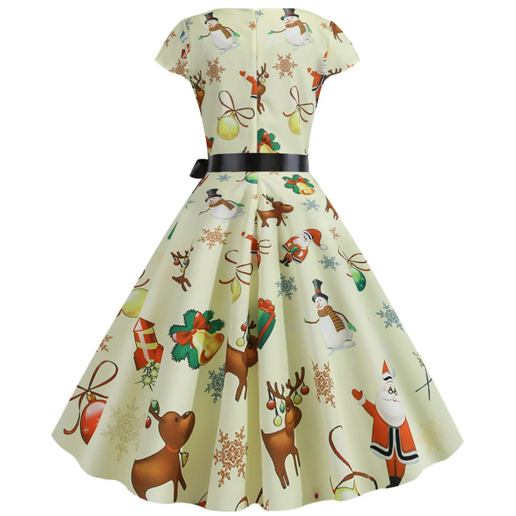 JAYCOSIN Fashion Womens Christmas Dress  Santa Claus Stripe Print Vintage Swing Dress Vestido Navidad Mujer Xmas Dress Beige 918