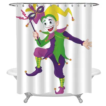 

Mardi Gras Shower Curtain for Modern Home Decor,Cartoon Style Jester in Iconic Costume with Mask Happy Dancing Party Figure