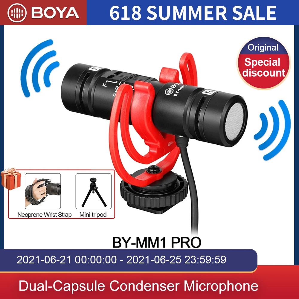 BOYA BY-MM1 Pro Dual Head Stereo Microphone for Smartphone Vlog PC Live Streaming on DSLR SLR Camera Shotgun Video Interview Mic