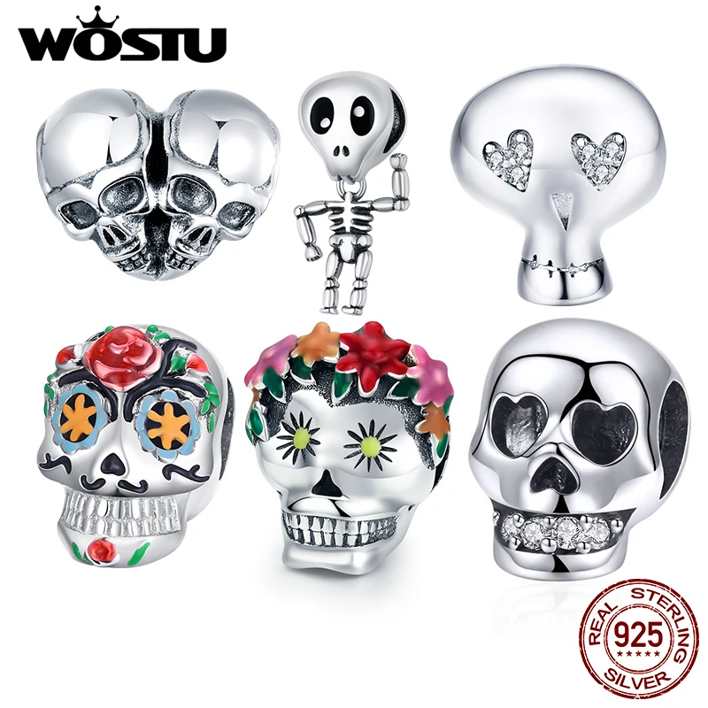 WOSTU 925 стерлингового серебра черепа Очаровательные бусы соответствуют