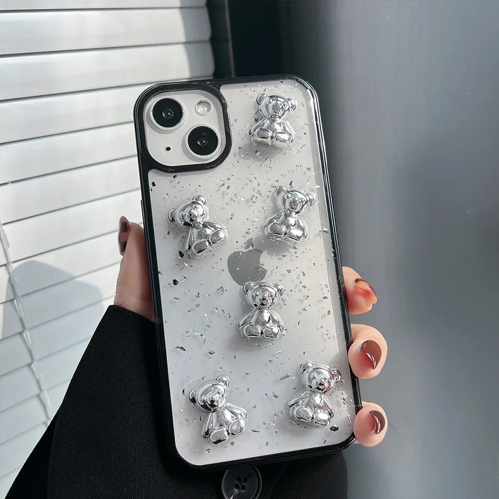 Retro kawaii silver foil bear transparent Phone Case For iPhone 13 11 12 Pro Max Xs Max XR 7 8 Plus X 7Plus case Cute Soft Cover