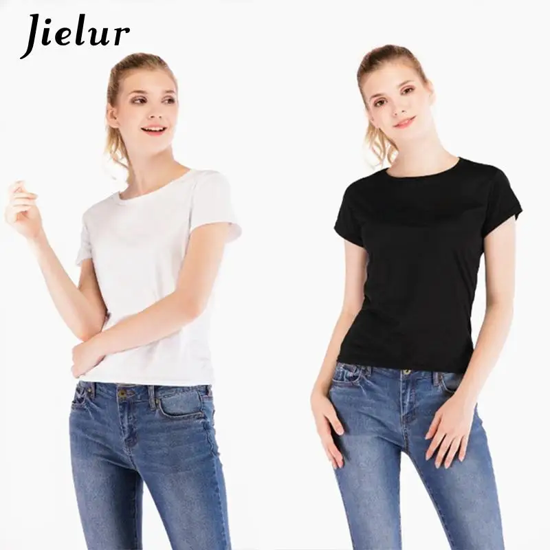Jielur хлопковая футболка Harajuku одноцветная женская летняя BF круглый вырез короткий