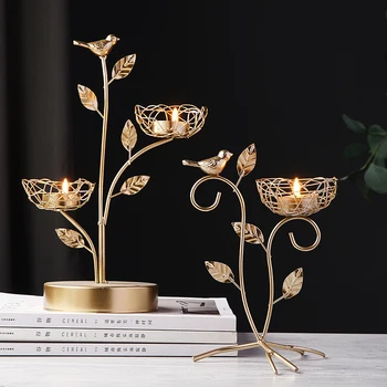 

Nordic Wrought Iron Bird And Leaves Candle Holders Romantic Dinner Gold Home Decoration Candle Holder Candlestick Wedding Gifts
