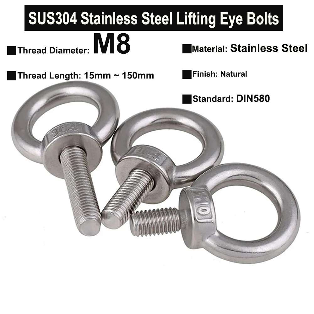 

2Pcs/1Pc M8x15mm~150mm SUS304 Stainless Steel Lifting Eye Bolts Ring Bolts Extended Thread Eye Screws DIN580