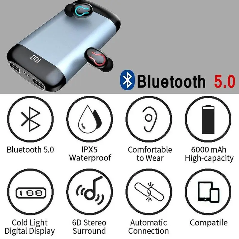 Q66 беспроводные V5.0 Bluetooth наушники HD стерео наушники спортивная водонепроницаемая гарнитура с двойным микрофоном и 6000 мАч чехол для зарядки аккумулятора