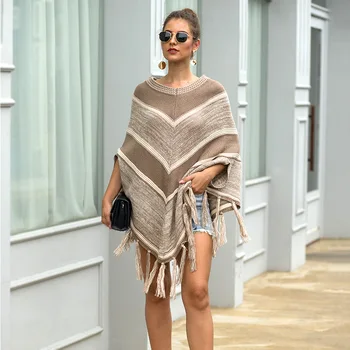 

Autumn and winter fringed cape shawl geometric color matching round neck pullover sweater women sweaters pullover cloak