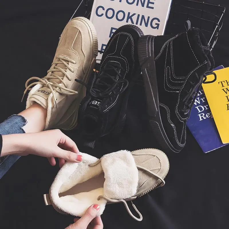 

High-top plus velvet warm canvas shoes women Korean style all-match casual