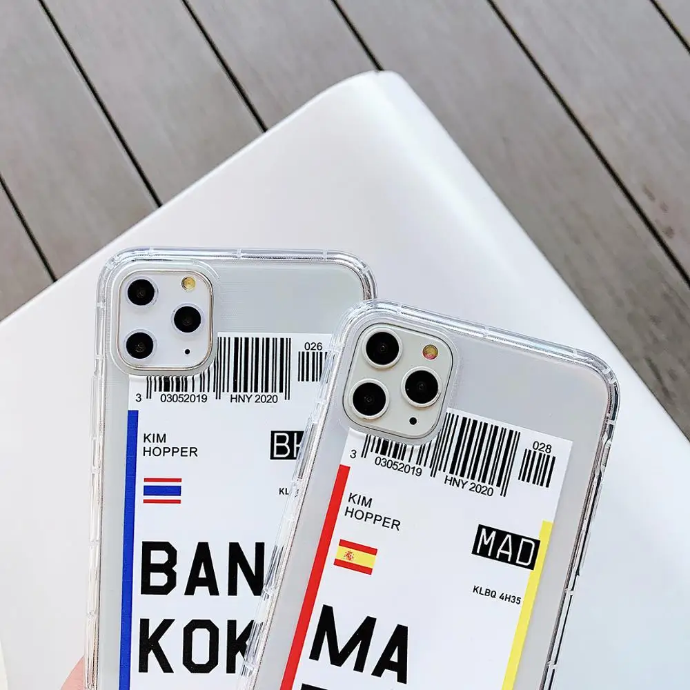 Tiket Pesawat Label Case untuk iPhone 12 Mini 11 Pro X XS MAX 7 8 6 S Plus XR Mewah anti-Fall Kota Dunia Barcode Label Soft Cover