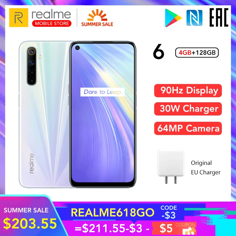  Realme 6 4 ГБ ОЗУ 128 Гб ПЗУ глобальная версия Helio G90T 6,5 "90 Гц Дисплей 30 Вт флэш-зарядка 4300 мАч 64 мп камера NFC Play Store 
