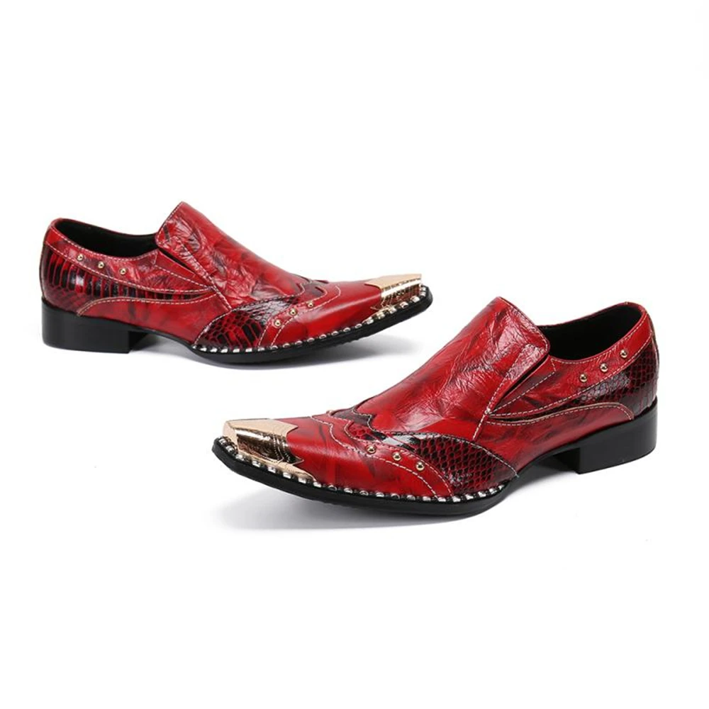 Red Men Genuine Leather Shoes Pointed Toe Classic Style Slip On Wedding Business Brand Shoes Plus Size 46