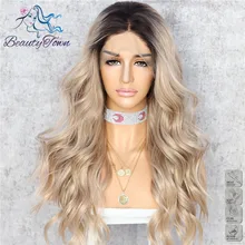BeautyTown, темные корни, Омбре, коричневый, натуральная, длинная волна, для женщин, королева, повседневный макияж, для свадьбы, вечеринки, подарок, синтетические парики на кружеве