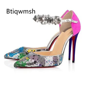 

2020 Handmade Gladiator Sandals Women Pointed Toe Sequined Rivet Suede Patchwork 10cm High Heel Shoes Woman Sexy Wedding Shoes