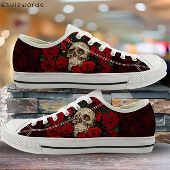 

ELVISWORDS 3D Skull Head Rose Print Women Flats Retro Style Ladies Vulcanized Shoes Teenager Girls Casual Flats Comfort Footwear