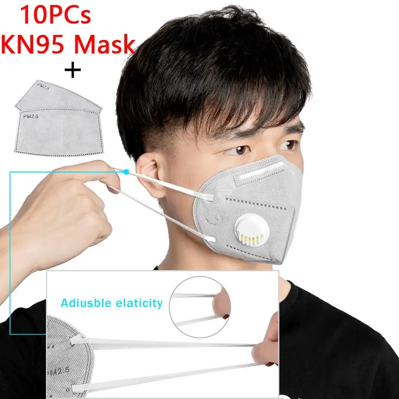 

10PCs KN95 Face Anti Pollution Mask Dustproof Windproof Respirator Valve PM2.5 Mouth Mask With 40PCs Filter Paper Reusable Mask