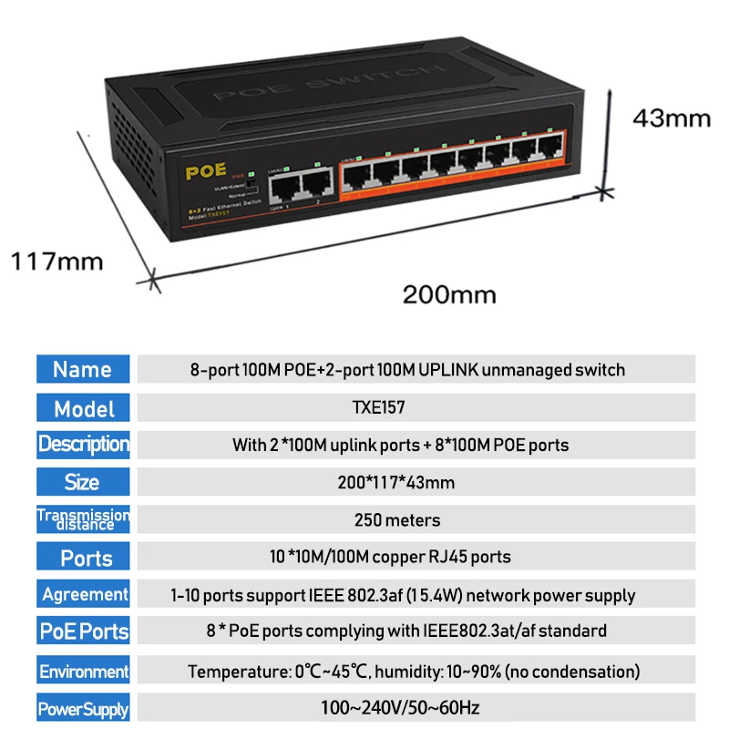 Poe Switch Mais Rápido Ethernet Switch Ieee 802.3af at com Energia Interna & Proteção contra Raios & Isolamento Vlan 93w 10-porto Comutadores de rede - Imagem 4