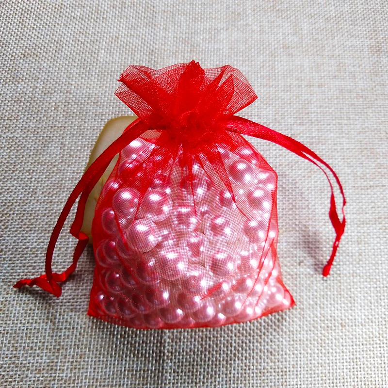 50 шт./лот, 5x7x9, 9x12, 10x15 см, сумки из органзы для упаковки ювелирных изделий, сумки для украшения свадебной вечеринки, сумки для подарков, 24 цвета - Цвет: red
