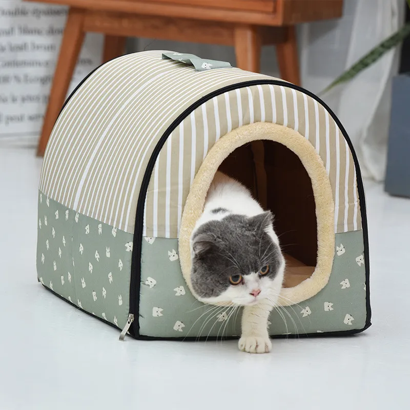 Pet Bed Brown Stripes House For Dog Sleeping Sofa Bed Removable Cushion Pet Beds Dogs Puppy Beds Foldable Mat For Dog House