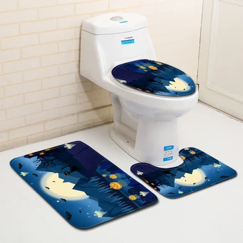 

3 pcs Toilet Seat Cover Shower WC Rug Mat 3D Printing Anti slip Flannel Halloween Bath Mat Set for Bathroom Decoration