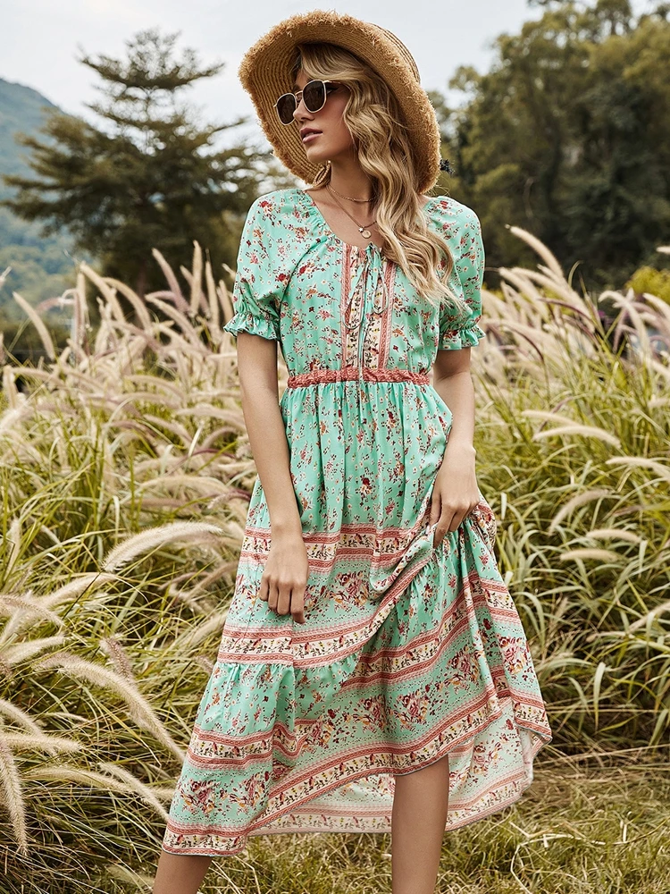 2022 Summer Floral Print Puff Sleeve Robe Gypsy Hippie Dress Vestidos Plus  Size V Neck Boho Maxi Dresses Women Vintage - AliExpress