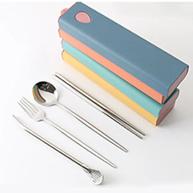 3PCs/4PCs Glossy Stainless Steel Tableware Spoon Fork Knife Straw Reusable Travel Cutlery Set Camp Utensils Set Portable Case B-Silver