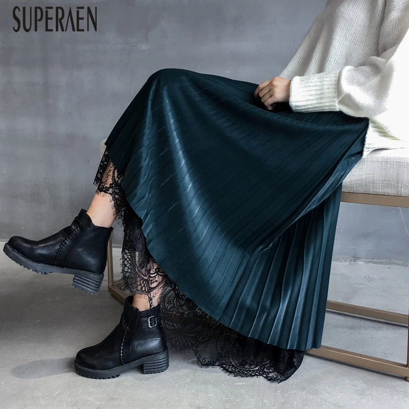 

SuperAen 2019 Autumn New Korean Style Women Skirts Wild Fashion Casual High Waist Skirt Female Tassel Lace Pleated Skirts