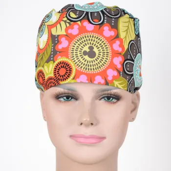 

women medical caps 100% cotton in red with cartoon prints surgical caps with 2 sizes ,masks are available