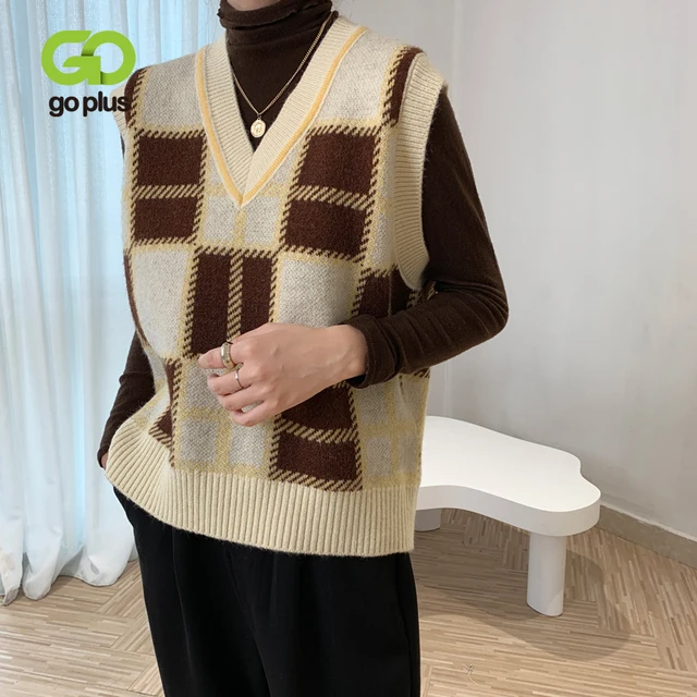 GOPLUS Vest Vintage Plaid Sweater Vest Women Korean V-neck Knitted Sleeveless Short Sweater Gilet Femme Pull Sans Manche C10786 2