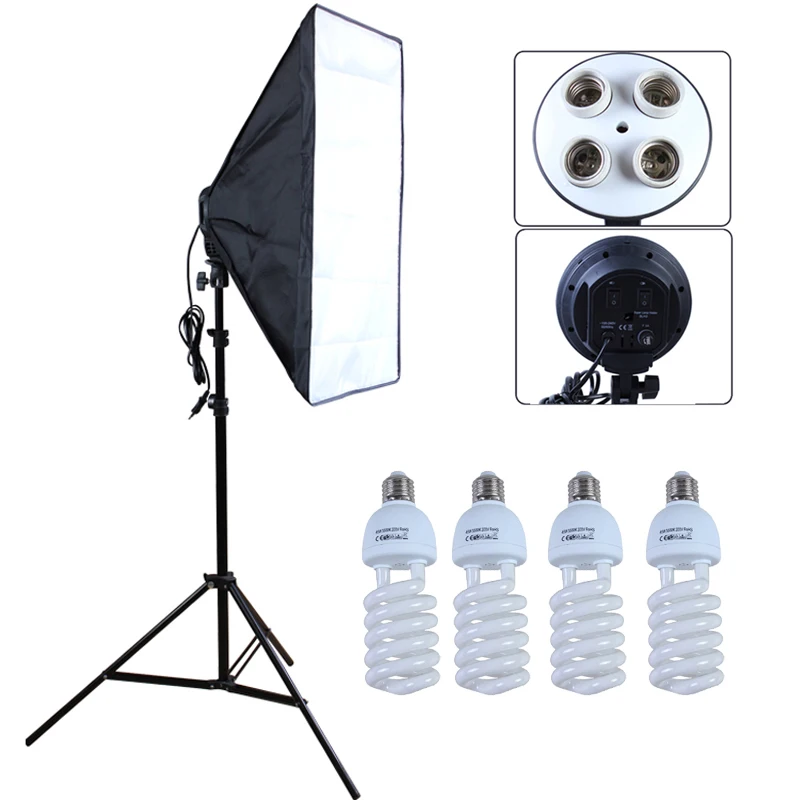 Photo Studio Diffuser 50*70cm Softbox E27 4 Lamp Holder Continuous Lighting Soft Box Kit include Light Stand with 45w Bulbs