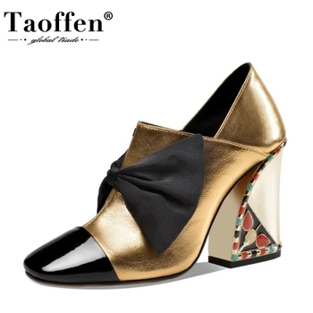 

Taoffen Real Leather Women Pumps Wedges Patchwork Shoes Women Bowknot Pattern Mixed Color Casual Work Footwear Size 33-43