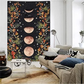 

Moonlit Garden Tapestry, Moon Phase Tapestries Flower Vine Tapestry Black Background Floral Tapestry Wall Hanging for Room