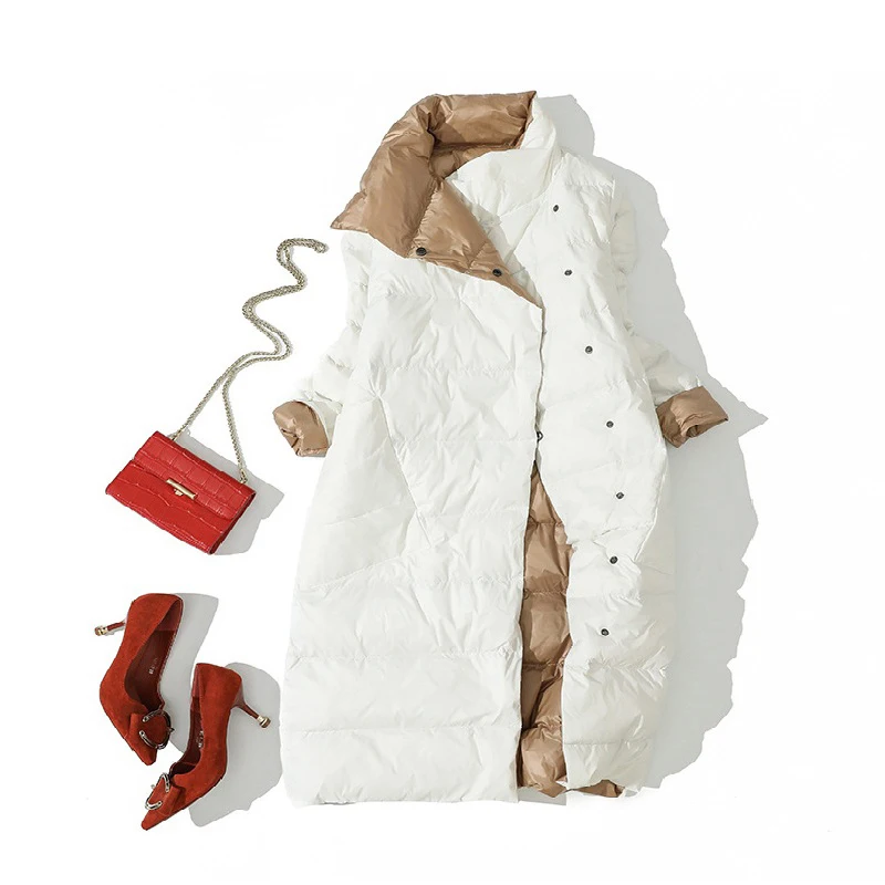 

Ailegogo Women Double Sided Down Long Jacket Winter Turtleneck White Duck Down Parkas Double Breasted Warm Coat Snow Outwear