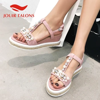 

JOUIR TALONS 2020 Brand Design Kid Suede Women Sandals Wedges Platform Peep Toe String Bead Pumps Summer Dress Women Shoes
