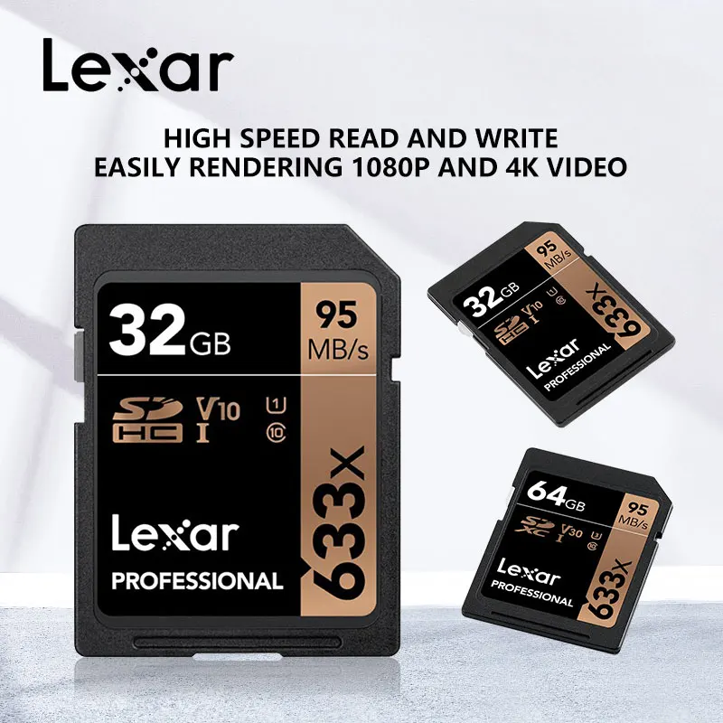 Lexar SD Card 633x Original 95M/s 32GB U1 SDHC 64GB 128GB 256GB 512G U3 SDXC Class 10 Memory Card For 1080p 3D 4K video Camera