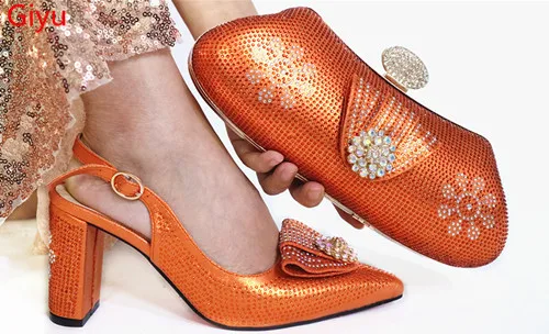 

doershow Shoes and Bag Set African Sets 2019 orange Color Italian Shoe Bag Set Decorated with Rhinestone High Quality!!SAC1-10