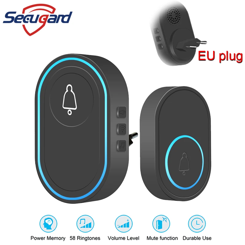 SECUGARD-timbre inalámbrico para el hogar, alarma de puerta inteligente de seguridad, con luz LED, 58 canciones, botón táctil impermeable