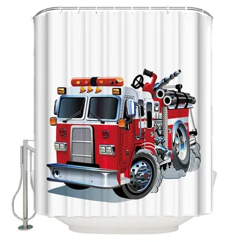 

Cartoon Fire Truck Shower Curtain Waterproof Bathroom Curtain Polyester Bath Curtain Home Decor 12 Hooks