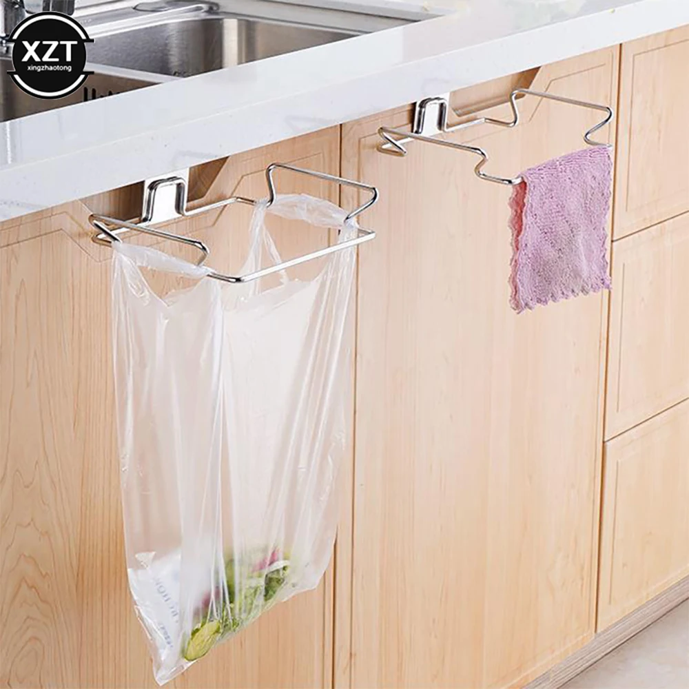 Garbage Bag Holder Kitchen Trash Rack Cabinet Door Garbage Bags Holder Stainless Steel Closet Garbage Storage Holder Bags Rack