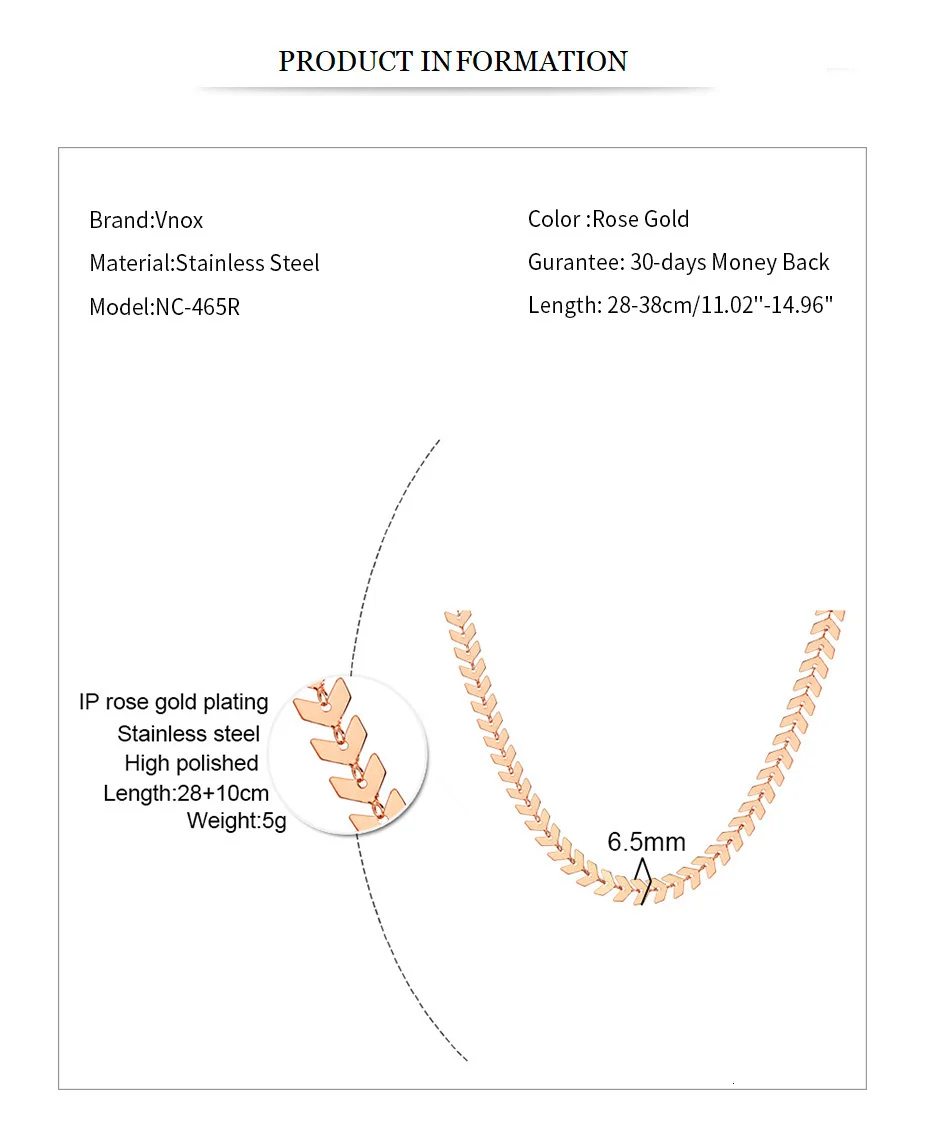 Vnox Мода Стрелка Формы Колье для женщин 585 розовое золото Тон нержавеющая сталь Ishikawa схема звено цепи 28 см/38 см