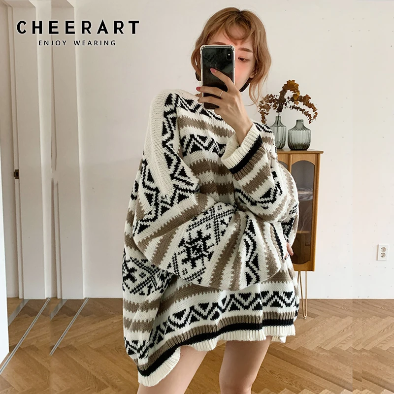 CHEERART размер d винтажный свитер для женщин плюс Полосатый жаккардовый Ulzzang вязаный